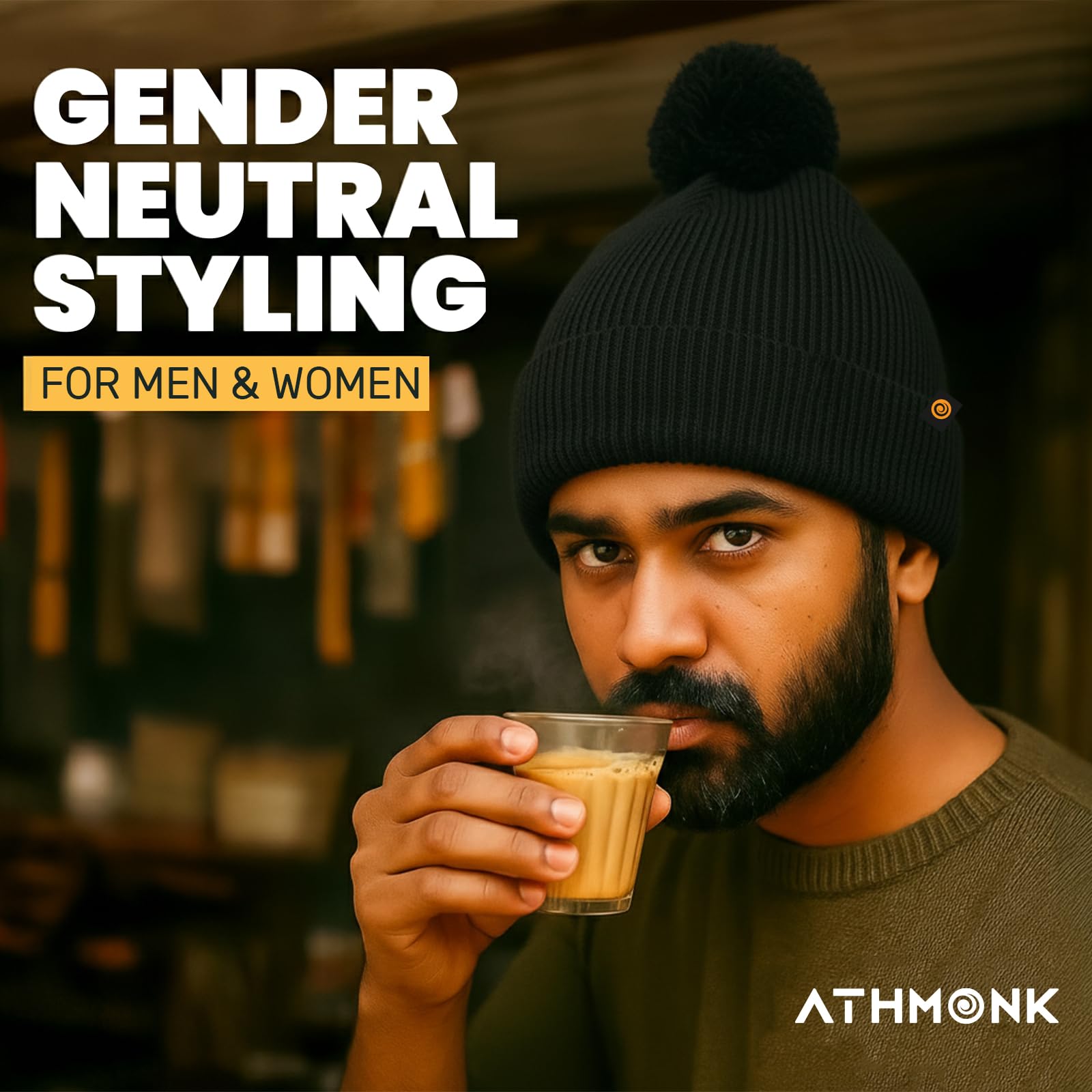 Athmonk Winter Woolen Beanie Cap for Men & Women with Pom | Stylish Head Cap for Winters | Cold Weather Hat for Girls & Boys | 100% Woollen Fabric Ultra Soft & Cozy | Garam Topi for Man |